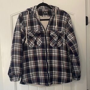 Men's Navy Plaid Flannel Hooded Sherpa-lined Jacket